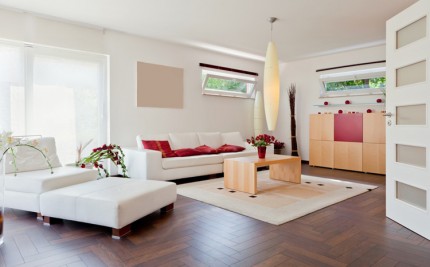 Living room with white sofa and dark wooden floor